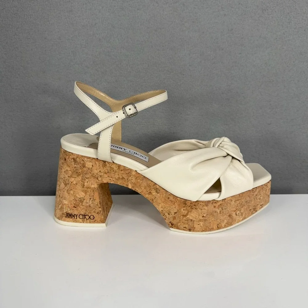 Jimmy Choo Sandals Womens Size 39.5 Heloise Wedge 95 Leather Cork Platform